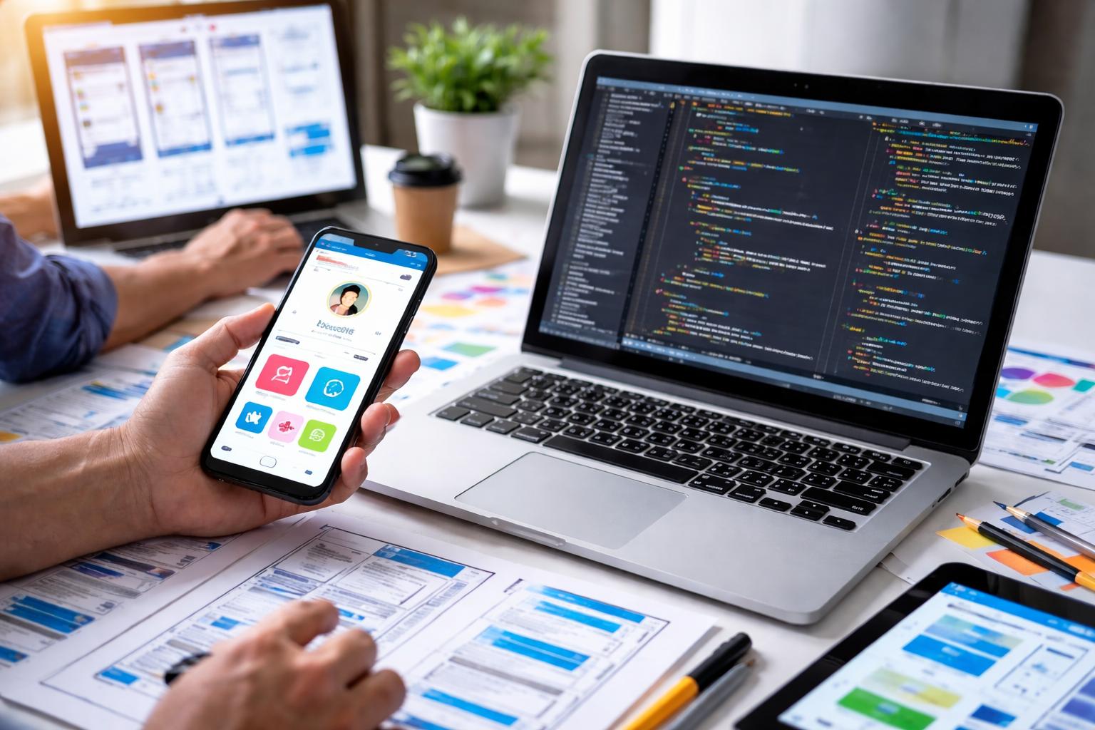 Mobile application interface and code shown across phone and laptop screens